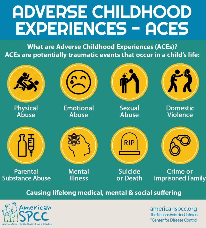 Adverse childhood experiences chart listing eight factors - physical abuse, emotional abuse, sexual abuse, domestic violence, parental substance abuse, mental illness, suicide or death, crime or imprisoned family member.
